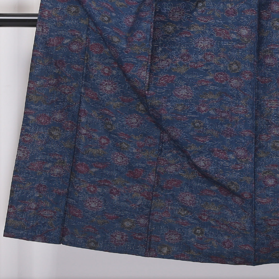 紬 単衣 身丈150cm 裄64cm ウール 洗える着物 ボタニカル 青系 Aランク 1216-00967