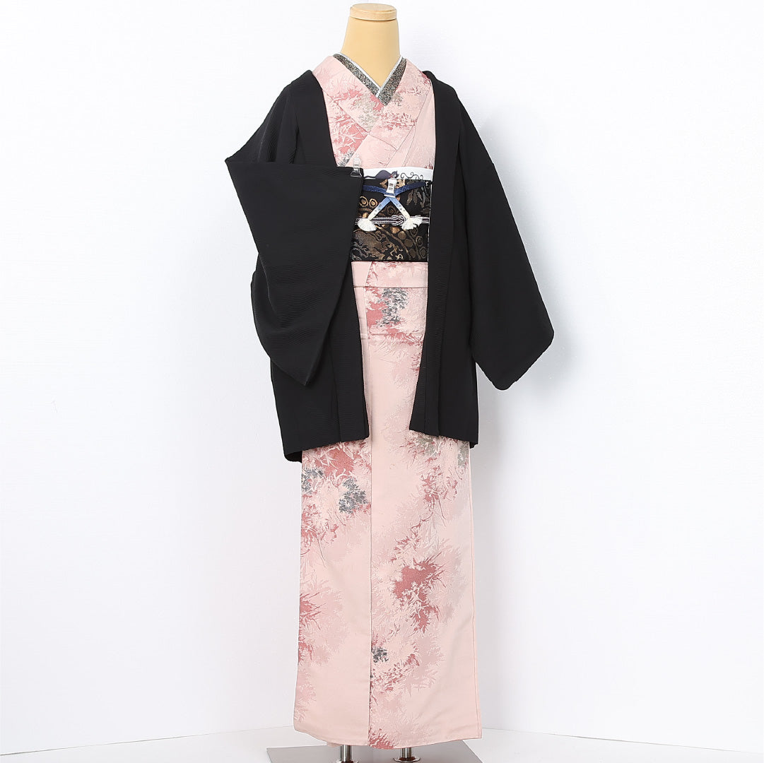 黒羽織 袷 身丈81cm 裄丈64cm 正絹 Aランク 一つ紋 (揚羽蝶) セミフォーマル Mサイズ 紐あり 無地 黒系 RP 1233-12562