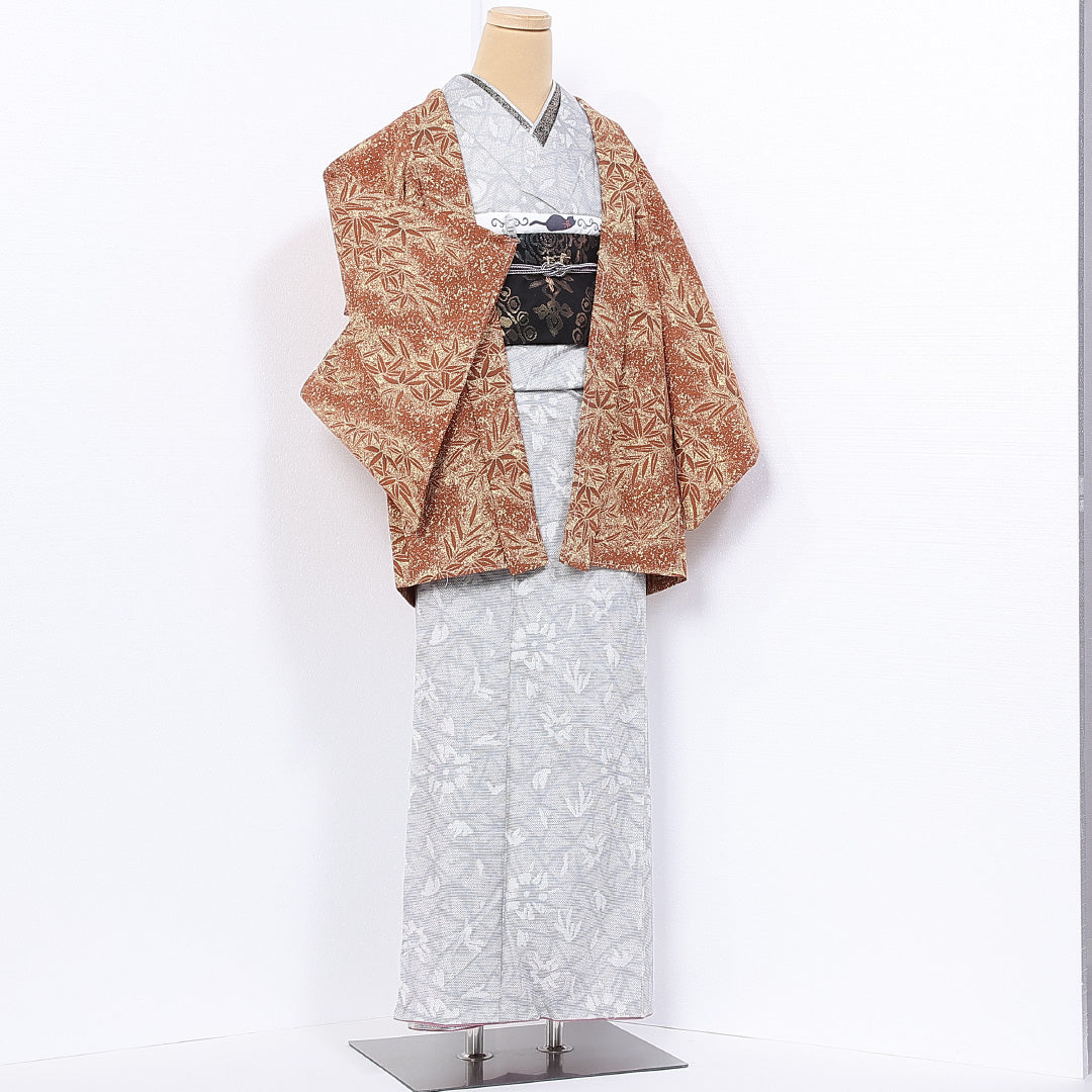 洗える着物 羽織 袷 身丈76cm 裄丈63cm ポリエステル Sランク カジュアル Sサイズ 笹 茶系 RP 1232-10271