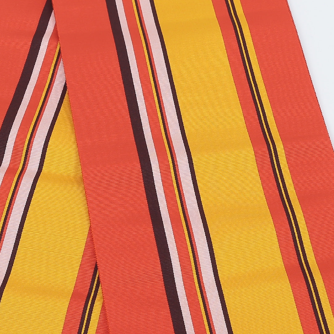 本場筑前 半幅帯 帯丈358cm 矢鱈縞 正絹 単衣帯 全通 仕立て上がり カジュアル Sランク 朱系 1225000055216