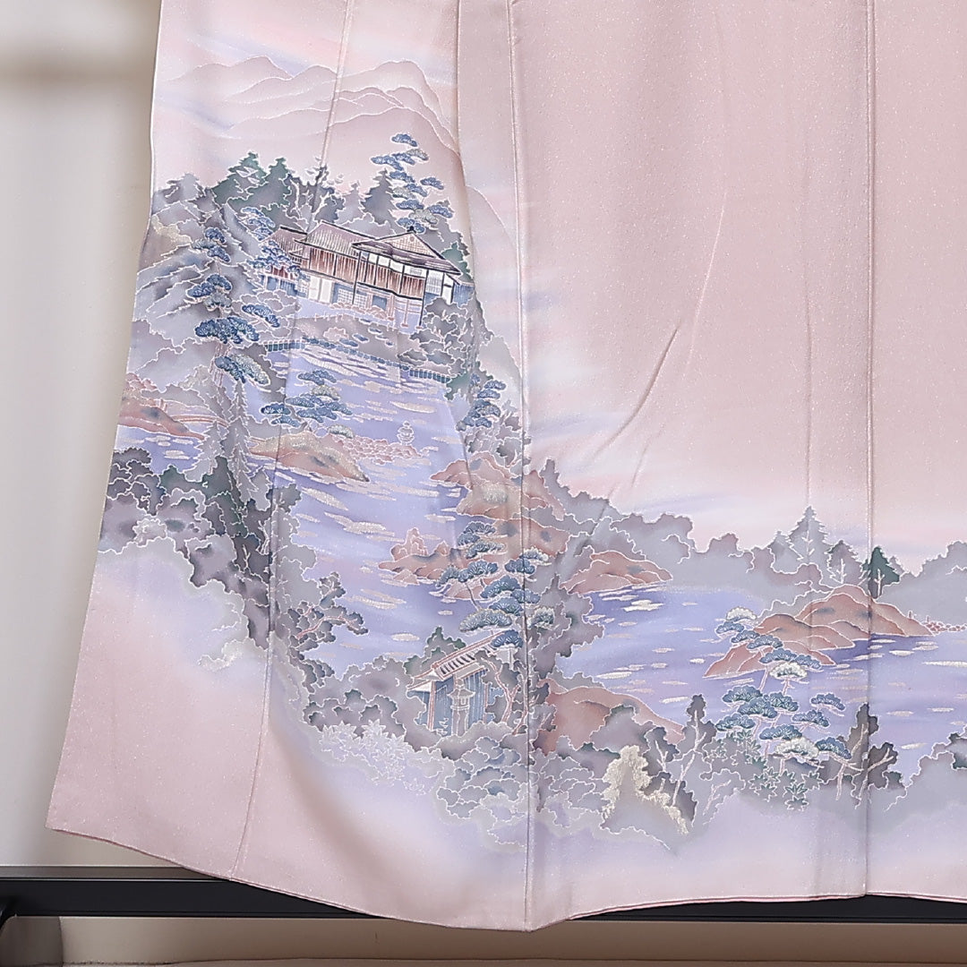 訪問着 袷 身丈156cm 裄丈64cm 正絹 Aランク セミフォーマル 広衿 Mサイズ 風景柄 ピンク系 RP 1217-04665