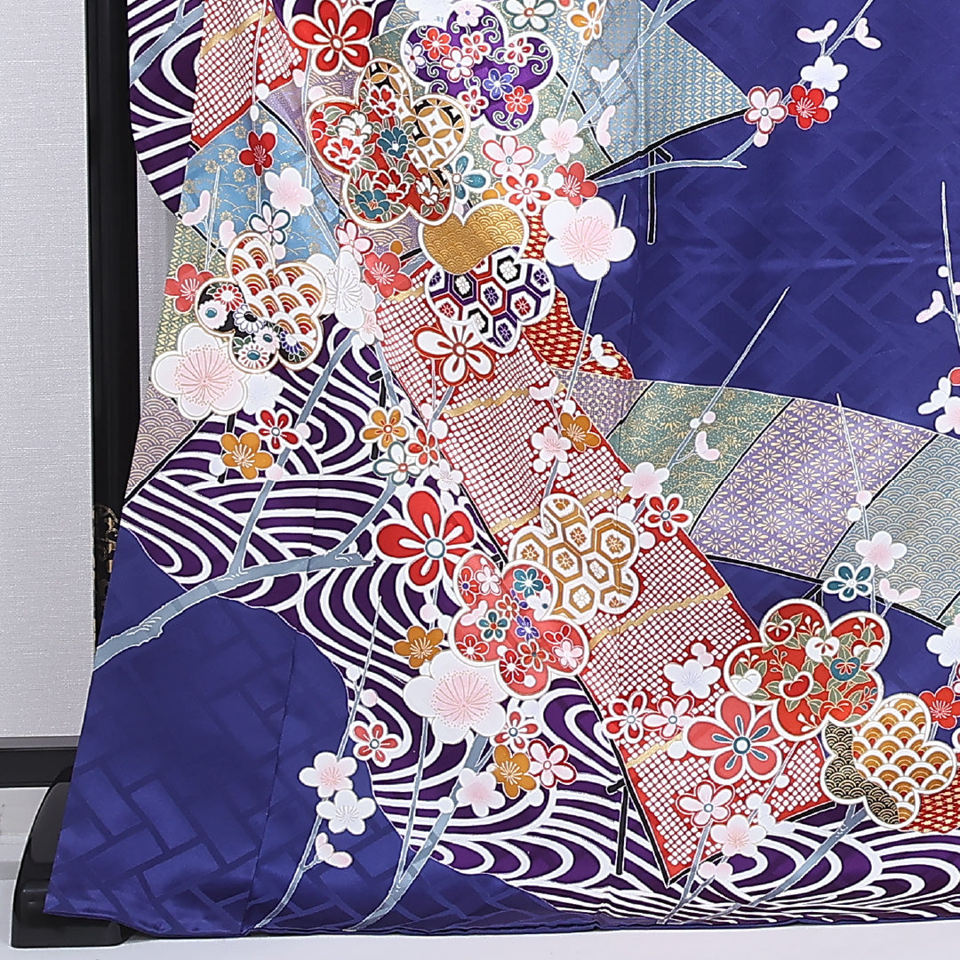 振袖 身丈174cm 裄丈70.5cm Sランク 正絹 袷 広衿 2XL 金駒刺繍 菊 松 フォーマル 古典的 華やか 青系 1213-F0473