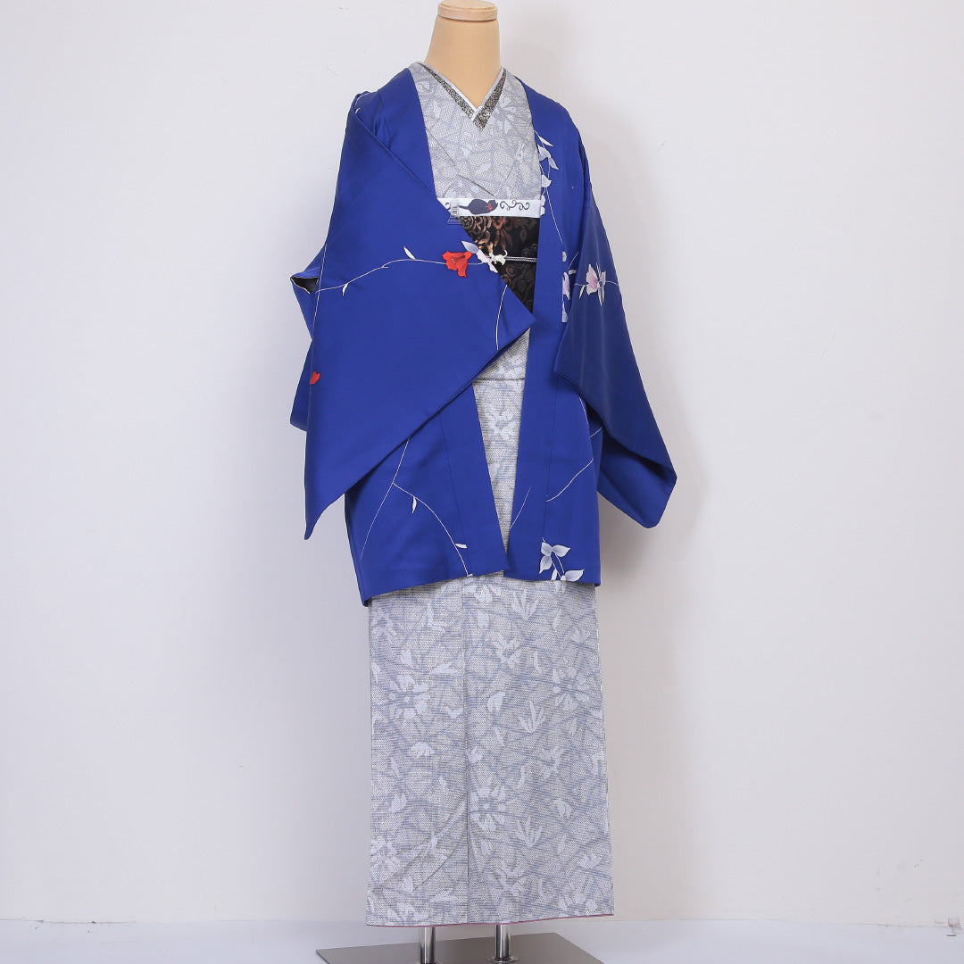 羽織 袷 身丈82cm 裄丈65cm 正絹 Sランク Mサイズ カジュアル 紐あり 植物柄 青系 1217-05935