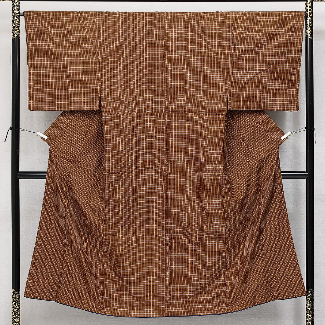 男着物 袷 身丈147cm 裄丈66cm 正絹 Aランク カジュアル 棒衿 Lサイズ 格子 茶系 RP 1224-14582