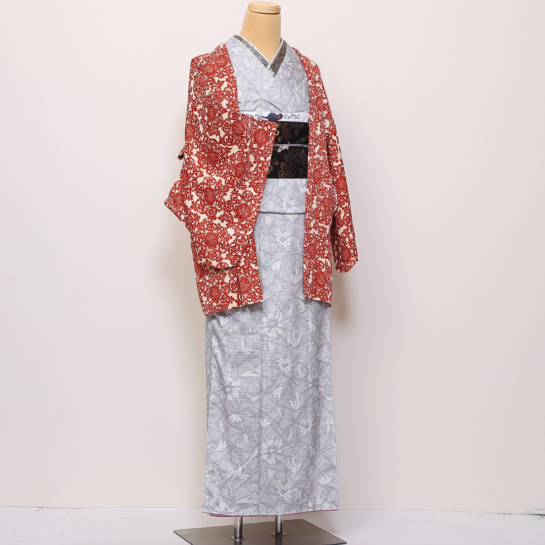 羽織 身丈76cm 裄丈65.5cm M 正絹 花文 紅型 赤系 白系 Cランク 1217-00868