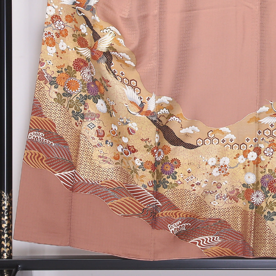 色留袖 一つ紋 身丈155cm 裄丈62.5cm Sランク 正絹 袷 広衿 M 金駒刺繍 鶴 道長取り 道長取り 鶴 笠松 吉祥文様 セミフォーマル 赤系 1211-F0223