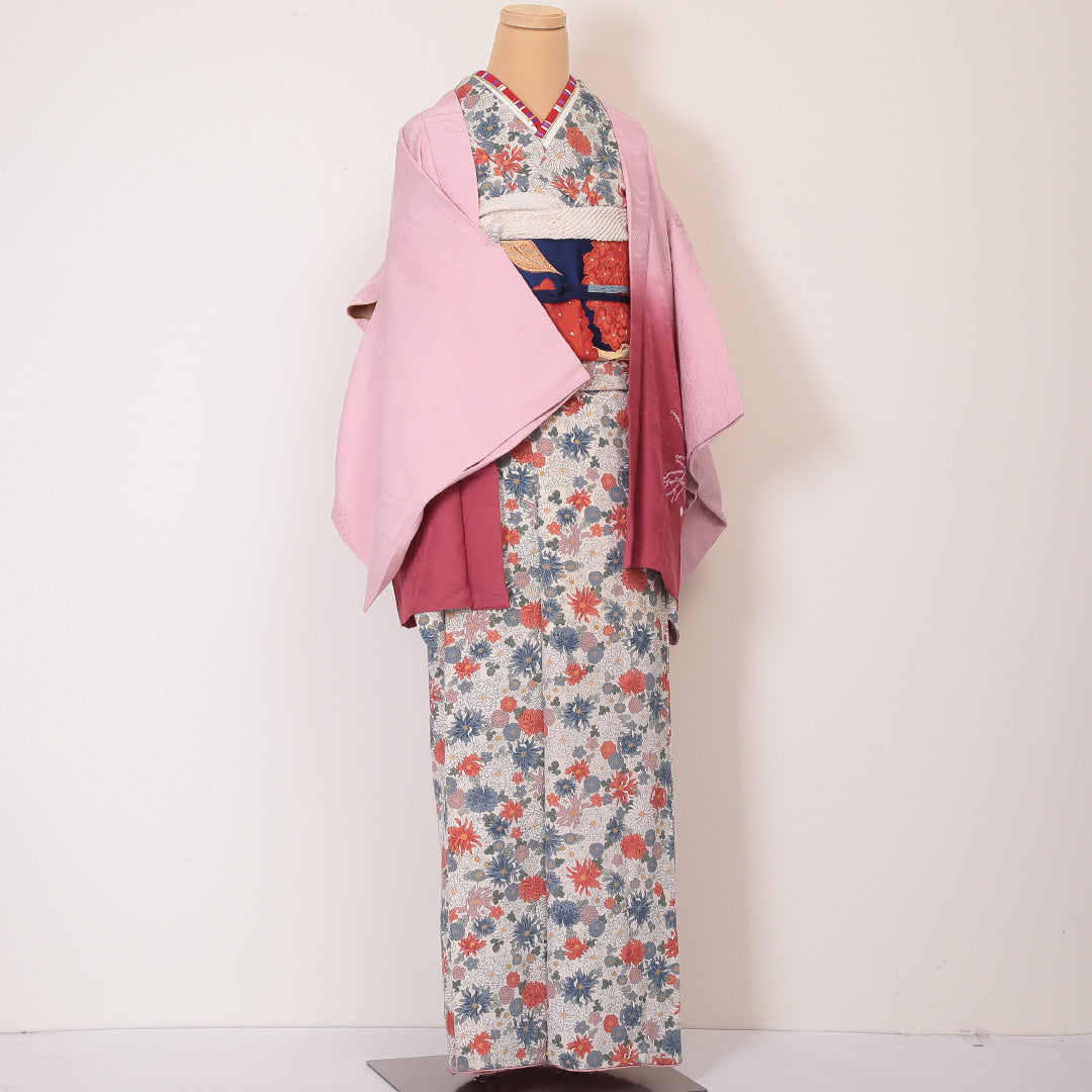 絵羽羽織 袷 身丈72cm 裄丈63cm 正絹 Sランク インフォーマル Sサイズ 絞り ぼかし染 笹 ピンク系 RP 1234-05799