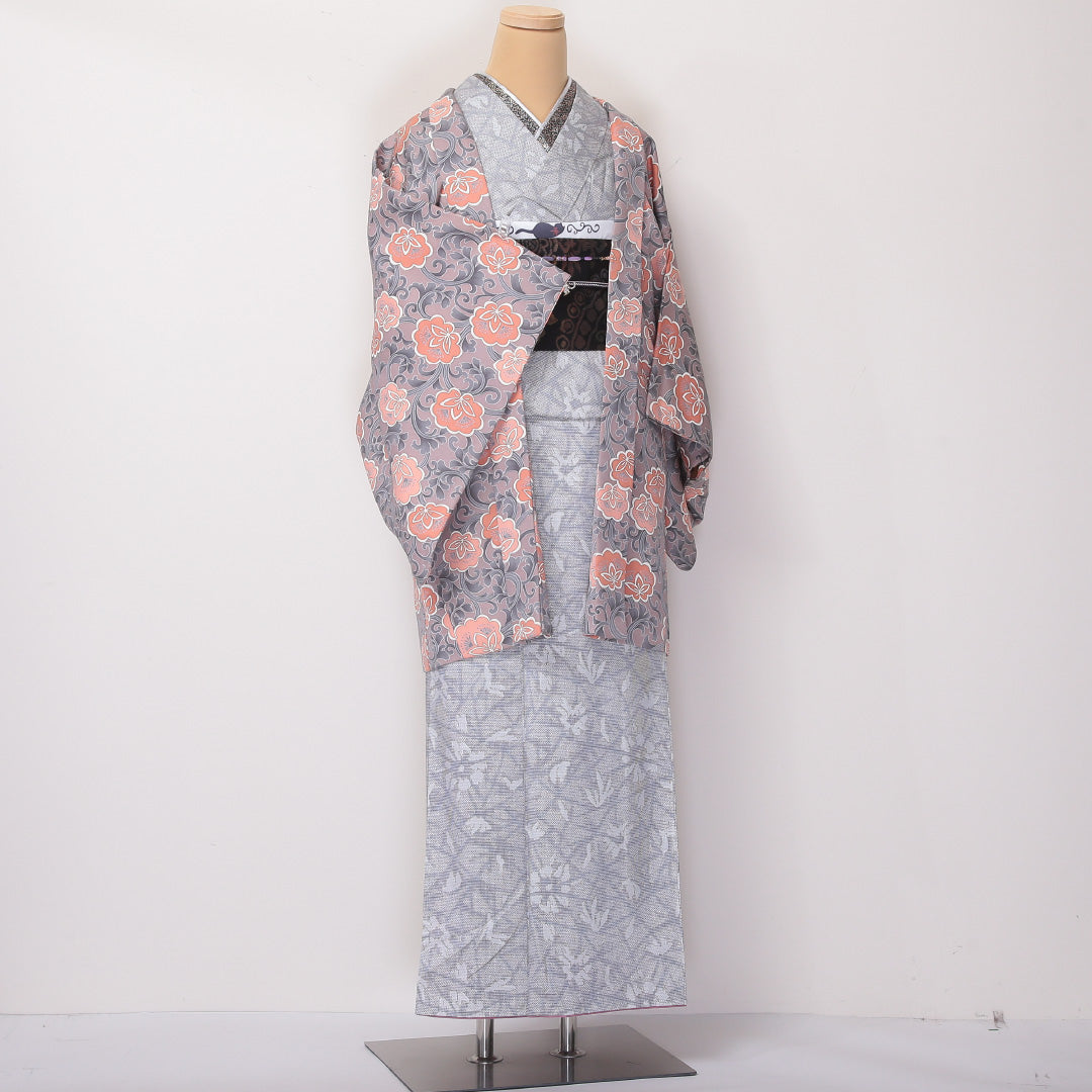 羽織 身丈82cm 裄丈63cm S 正絹 唐草 唐花 紐あり ピンク系 Sランク 1217-00780