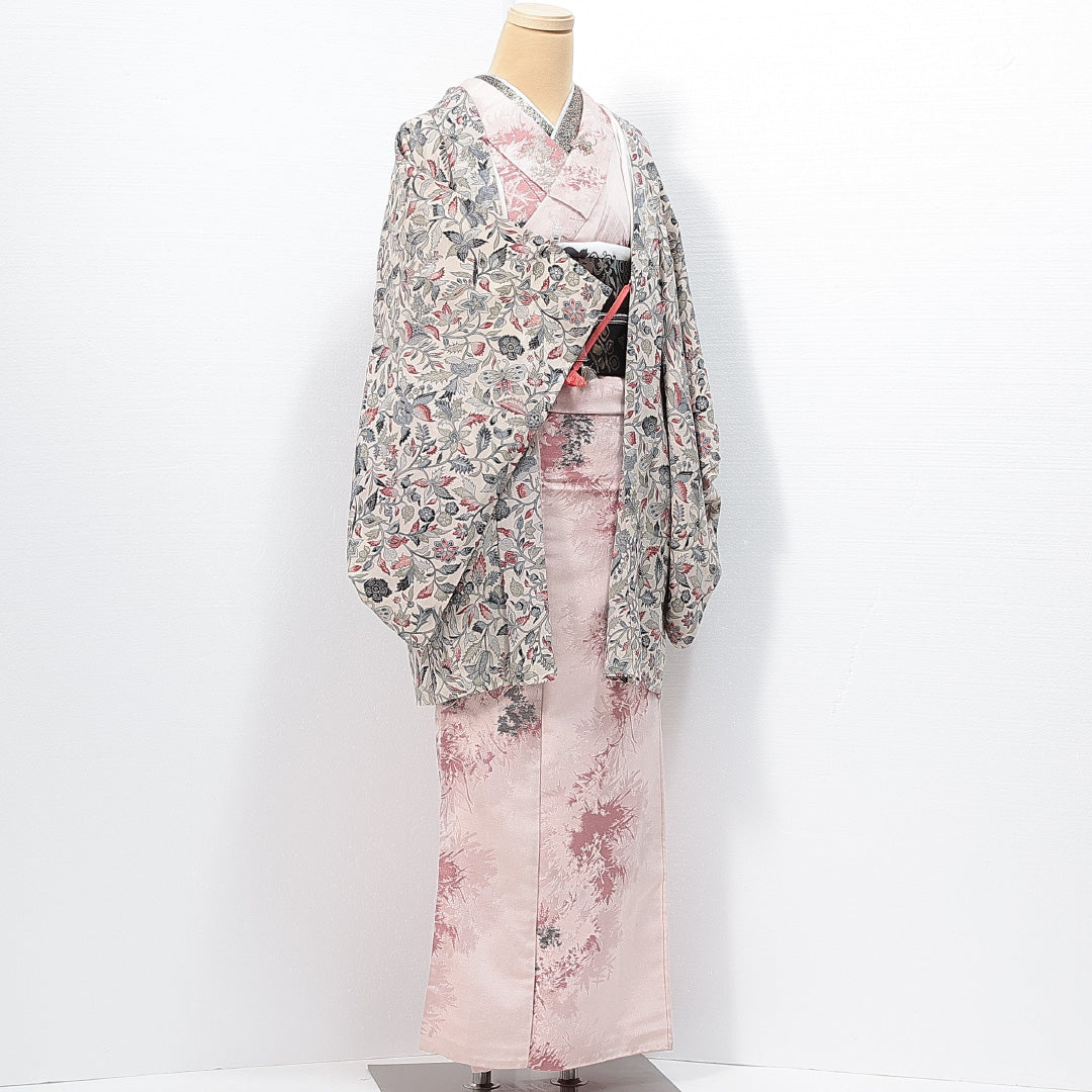羽織 袷 身丈85cm 裄丈62cm 正絹 Aランク カジュアル Sサイズ 紐あり 植物柄 クリーム系 RP 1232-14704