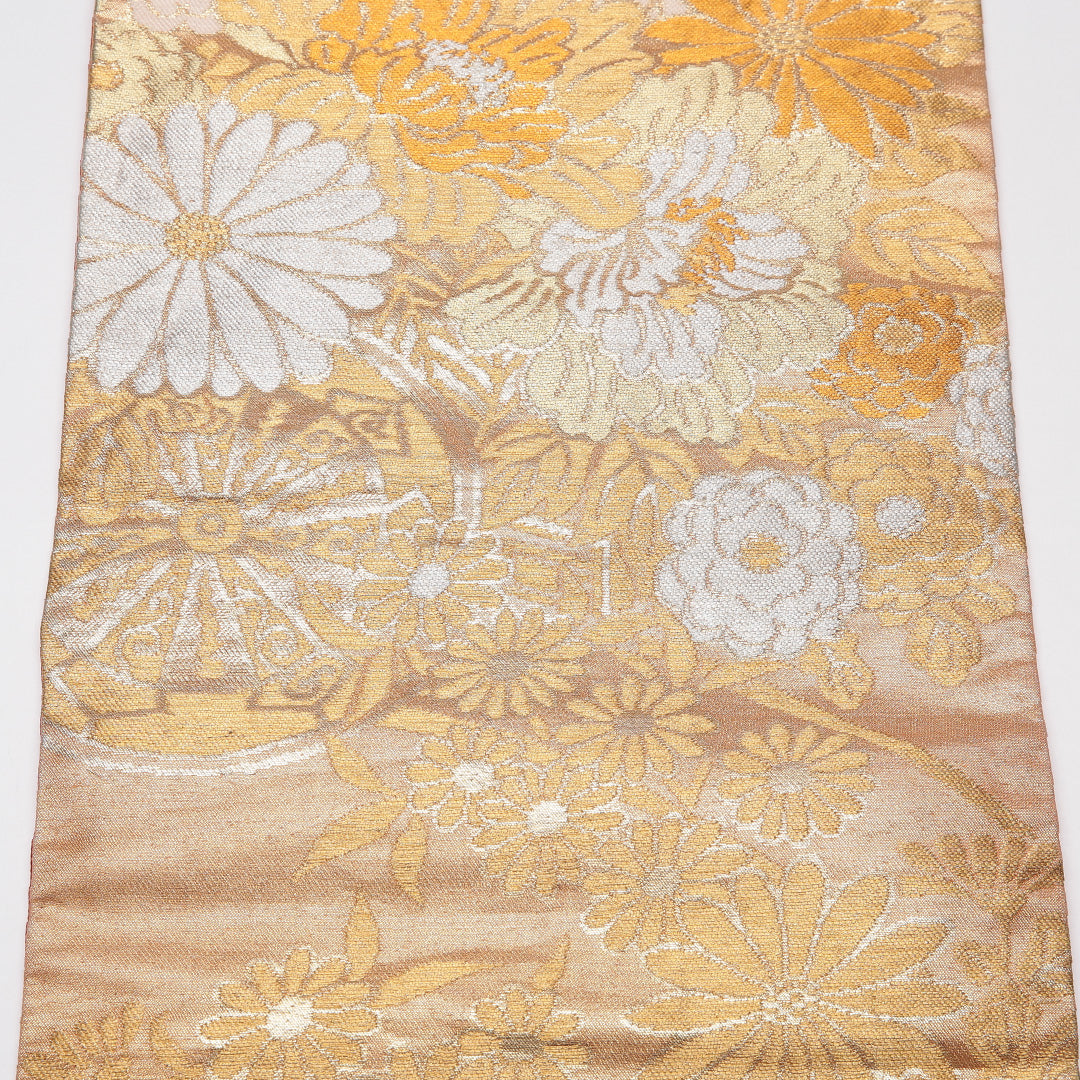 アンティーク 九寸名古屋帯 帯丈353cm 正絹 六通 名古屋仕立て 織り 菊 朱系 RP 1245-01629