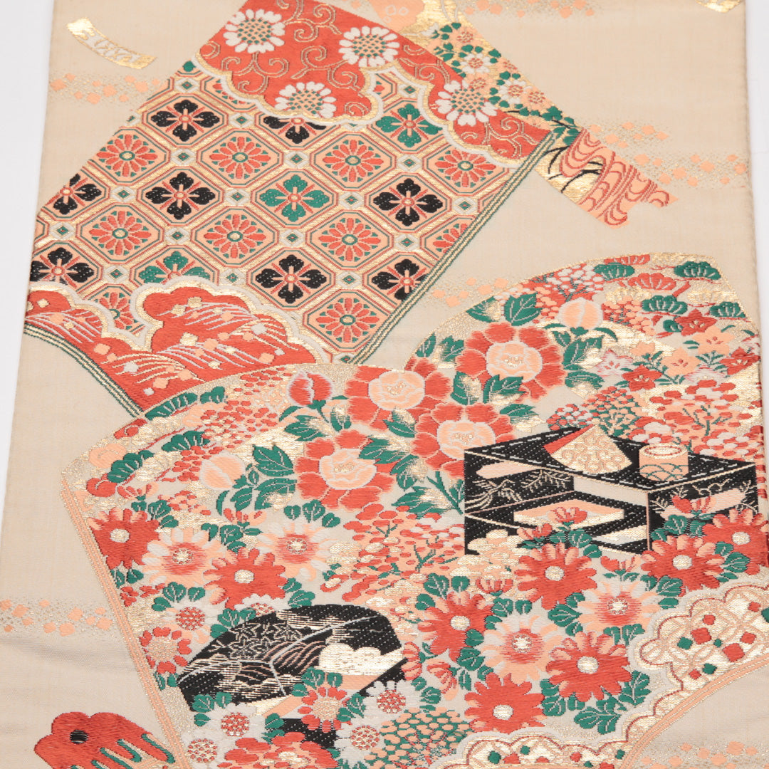 アンティーク 九寸名古屋帯 Cランク 帯丈329cm 正絹 六通 名古屋仕立て 織り 平安絵巻 調度品 クリーム系 LP 1245-01538
