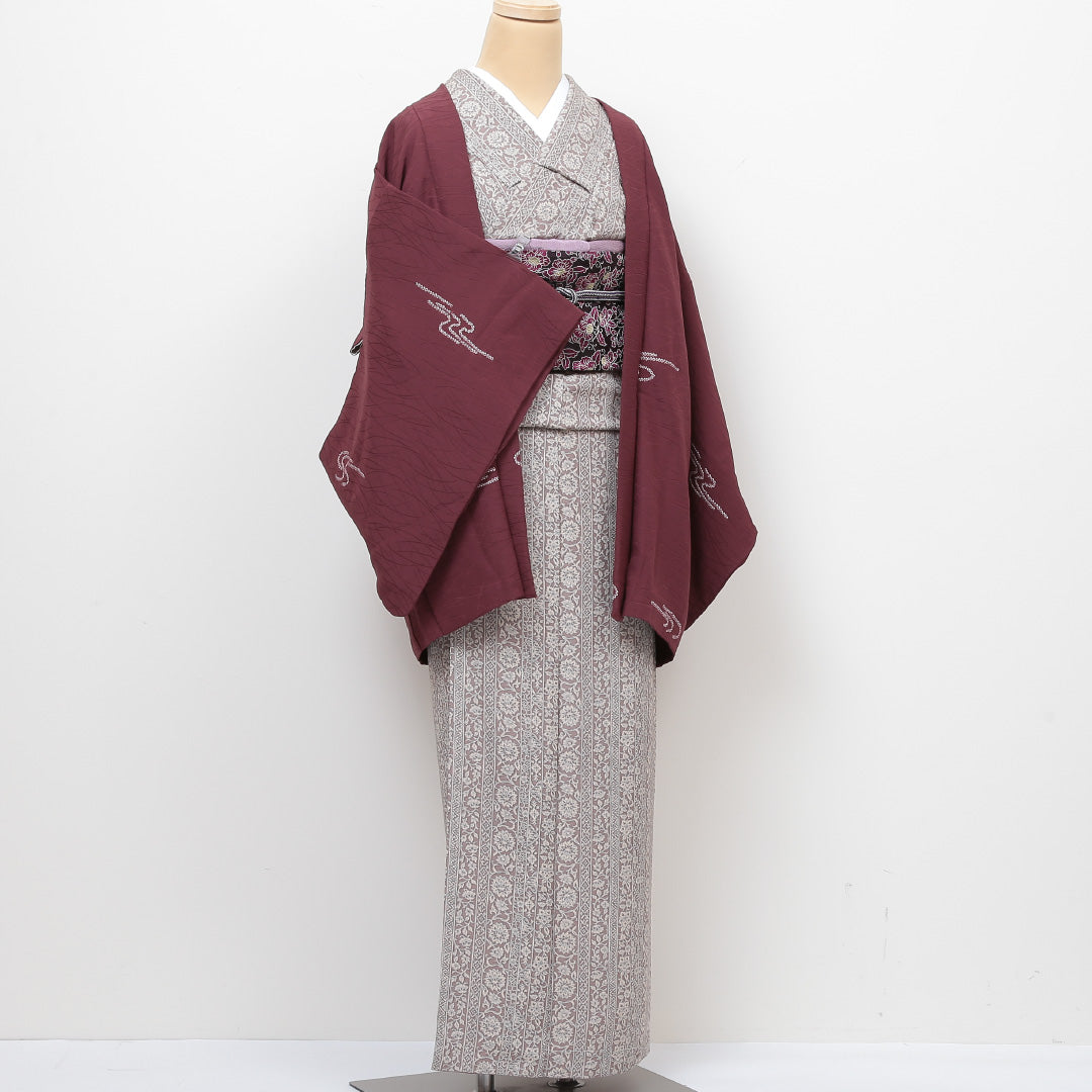 羽織 袷 身丈76cm 裄丈64cm 正絹 Aランク Mサイズ カジュアル 紐あり 創作柄 赤系 RP 1232-05697