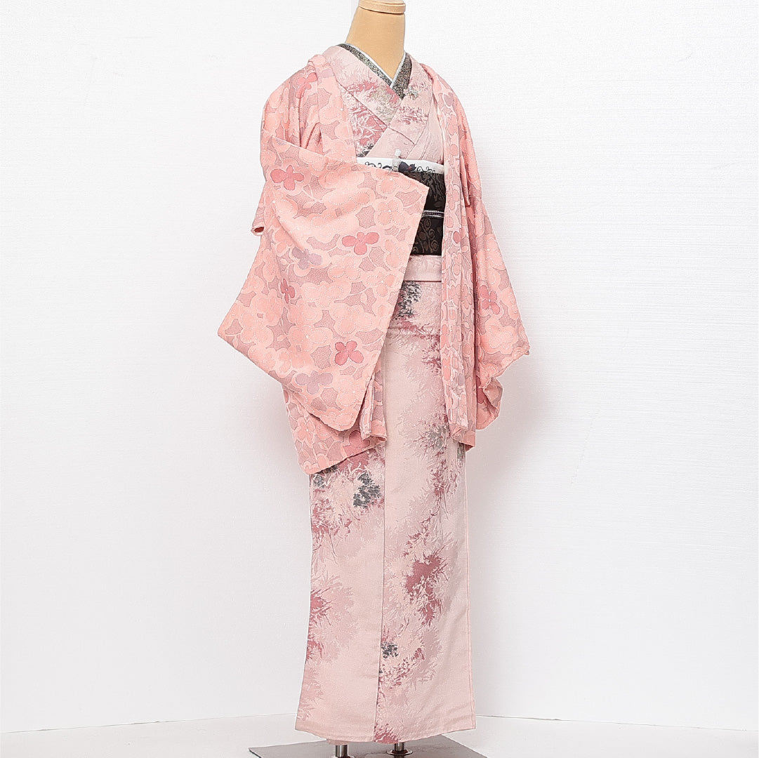 未使用品 羽織 袷 身丈74cm 裄丈67cm 正絹 Nランク 紋意匠 (花柄) カジュアル Mサイズ 織り出し しつけ糸 ピンク系 RP 1232-13769
