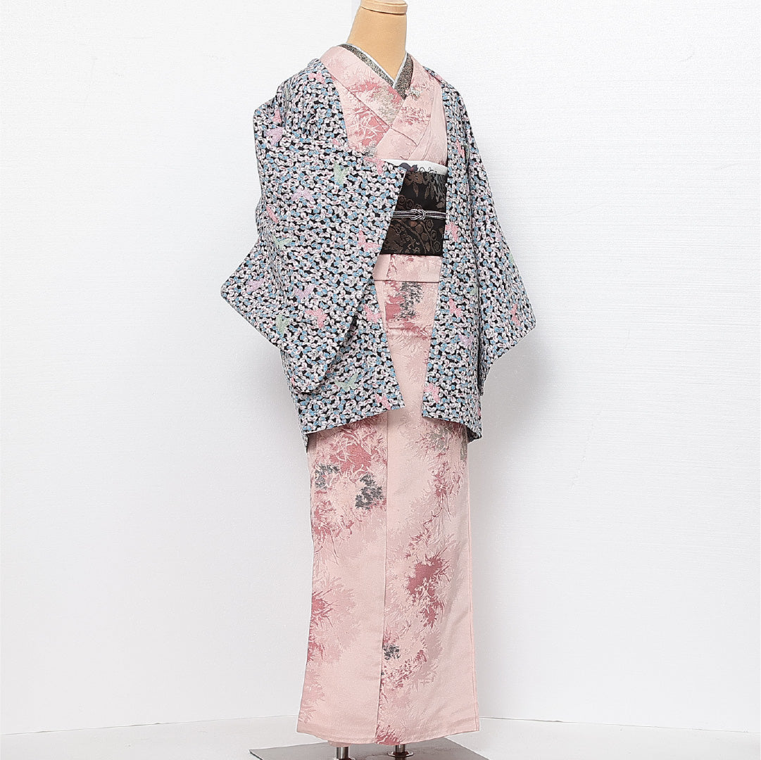 未使用品 洗える着物 黒羽織 袷 身丈79cm 裄丈62cm ポリエステル Sランク インフォーマル Sサイズ しつけ糸 花柄 黒系 RP 1233-13764
