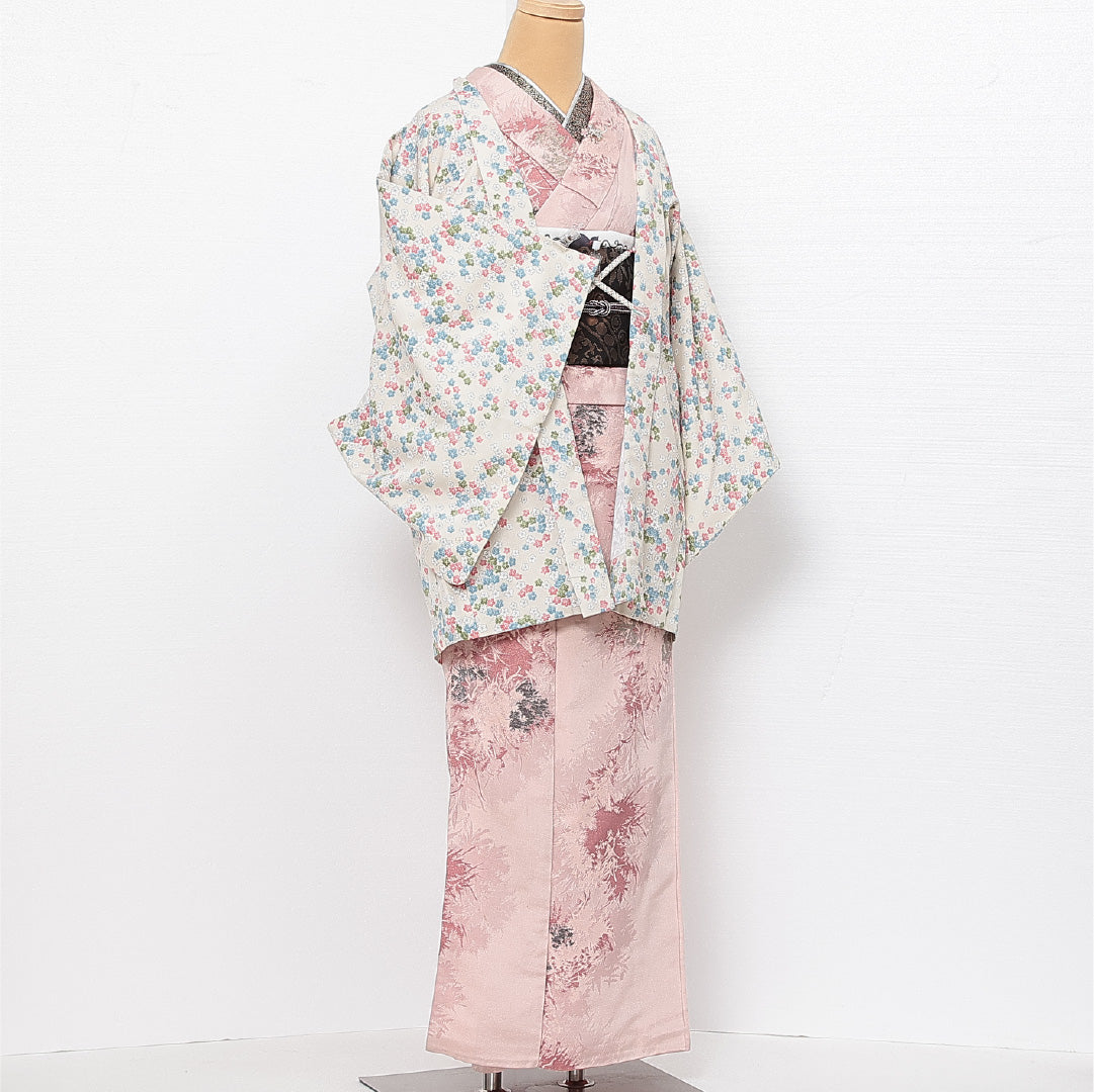 羽織 袷 身丈81cm 裄丈64cm 正絹 Aランク カジュアル Mサイズ 紐あり 花柄 白系 HP 1232-13763