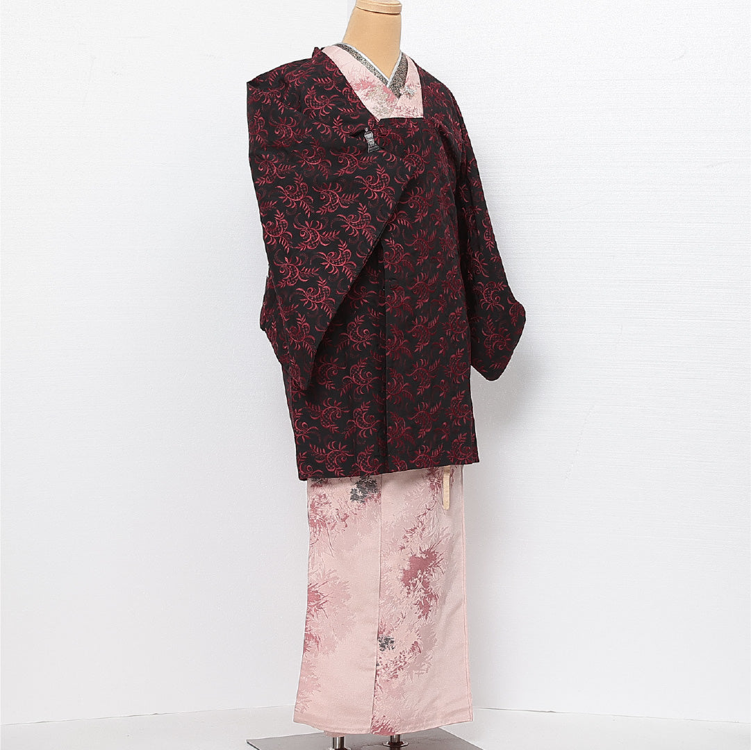 道行コート 袷 身丈90cm 裄丈63cm 正絹 Aランク セミフォーマル Sサイズ 刺繍 ポケットあり 植物柄 黒系 RP 1237-13789