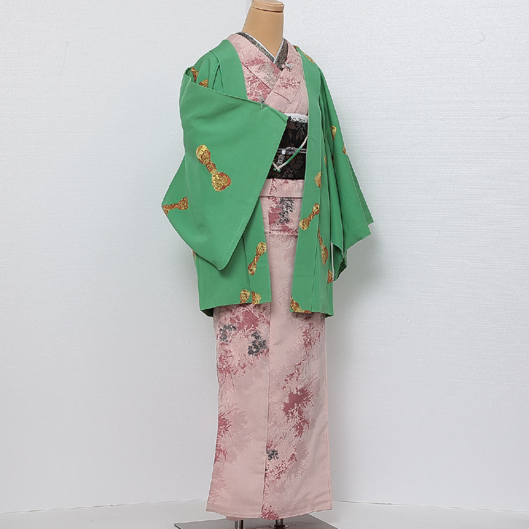 羽織 袷 身丈80cm 裄丈65cm 正絹 Cランク カジュアル Mサイズ 紐あり 梅 緑系 HP 1232-13820