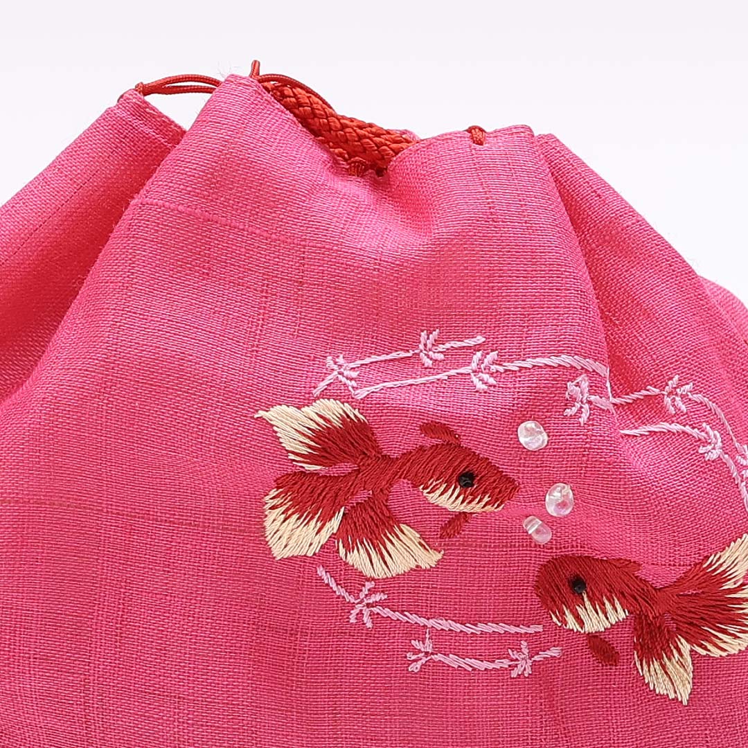 籠 バッグ Sランク ポリエステル 巾着 金魚 刺繍 ピンク系 1222-00415