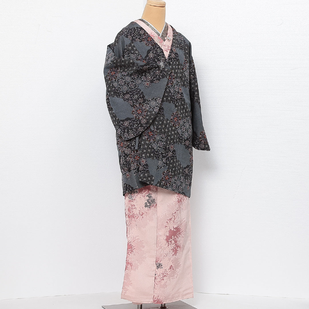 道中着 (大島紬) 袷 身丈87cm 裄丈67cm 正絹 Aランク インフォーマル Mサイズ 緯総絣 グレー系 RP 1236-13809