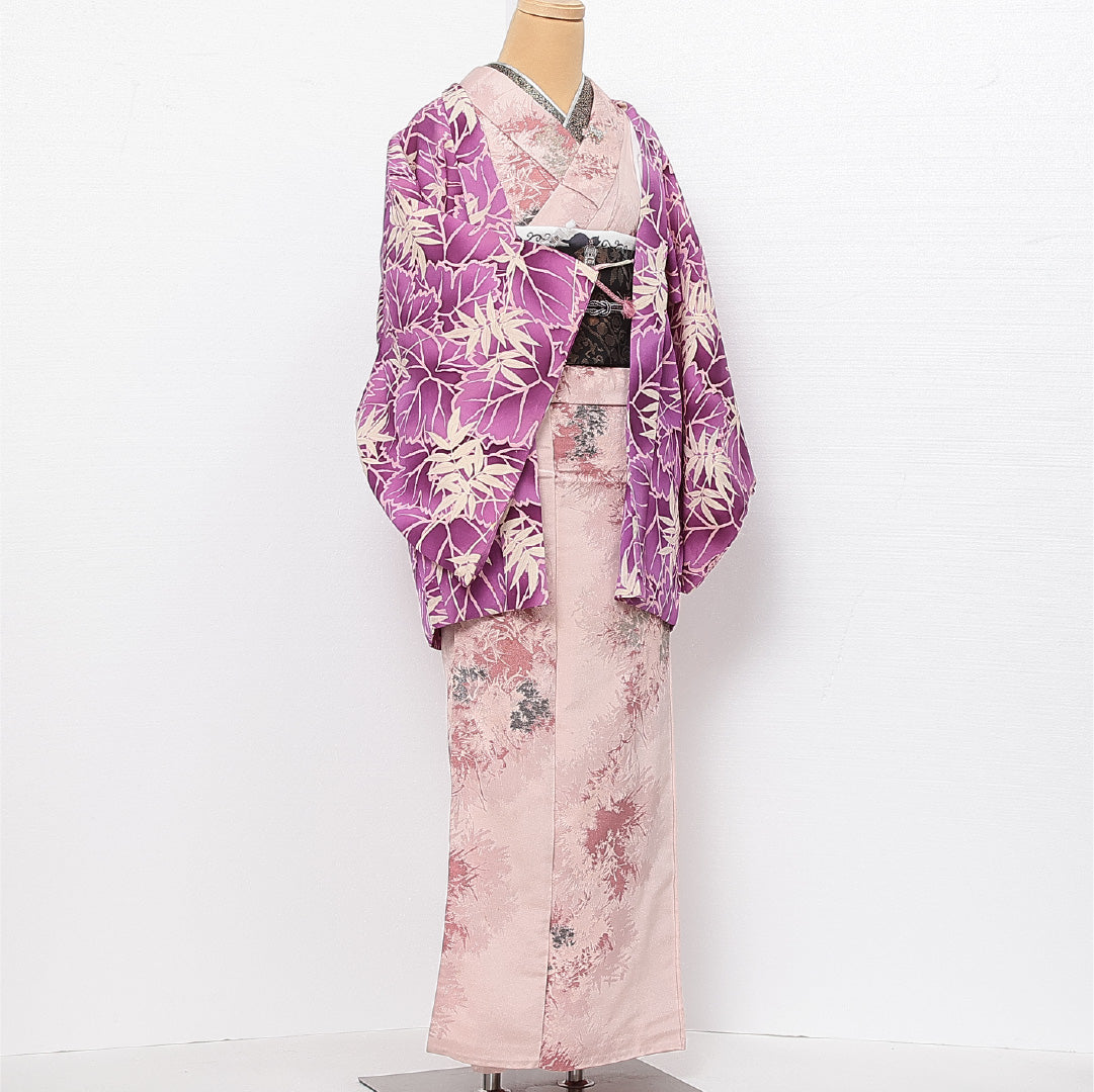 アンティーク 羽織 袷 身丈76cm 裄丈62cm 正絹 Cランク Sサイズ 紐あり 植物柄 ピンク系 RP 1232-13777