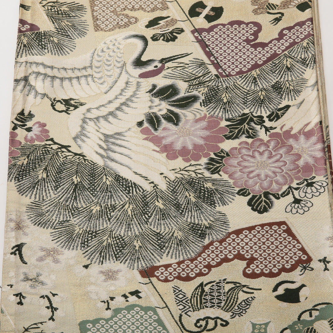 アンティーク 丸帯 帯丈400cm 正絹 全通 松鶴 ベージュ系 1242-01473
