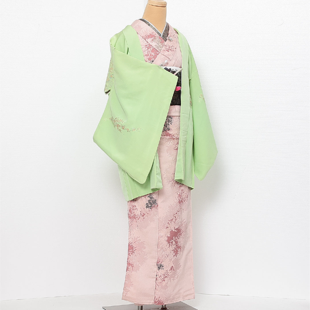 絵羽羽織 袷 身丈79cm 裄丈64cm 正絹 Aランク インフォーマル Mサイズ 紐あり 梅 緑系 HP 1234-13773