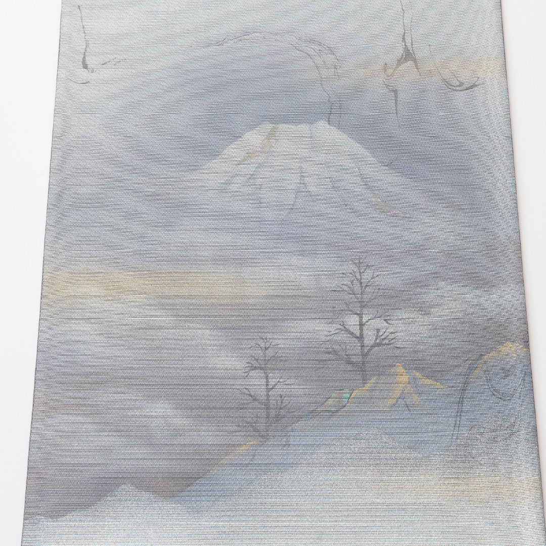 袋帯 帯丈444cm セミフォーマル 六通 Sランク 正絹 螺鈿織 遠山 金彩 グレー系 銀系 1223-00152