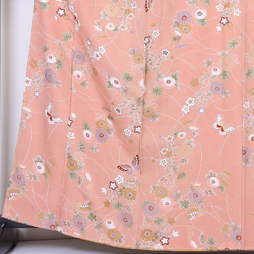 小紋 袷 身丈161cm 裄64cm ピンク系 菊 桔梗や蝶 金彩 正絹 Aランク 1215-01948-3413