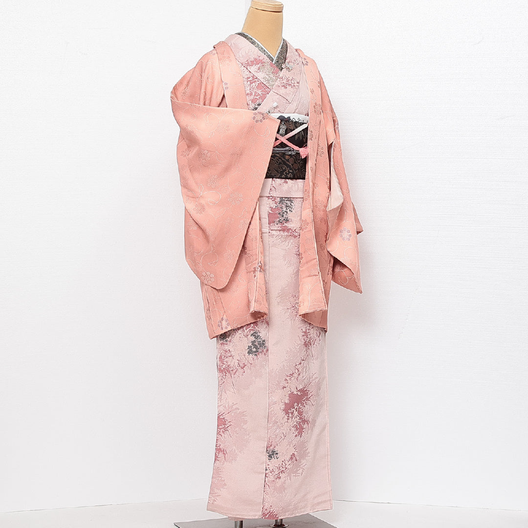 羽織 袷 身丈82cm 裄丈65cm 正絹 Sランク カジュアル Mサイズ ぼかし染 紐あり 唐華 ピンク系 RP 1232-13796