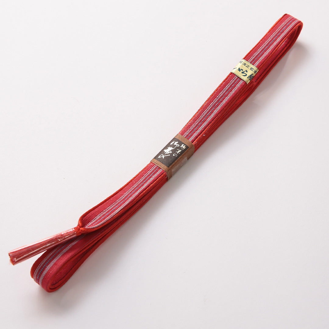 新古品 帯締め 阿波正藍染 正絹 Nランク 平組紐 紬 しじら織 赤系 多色系 1236-01454