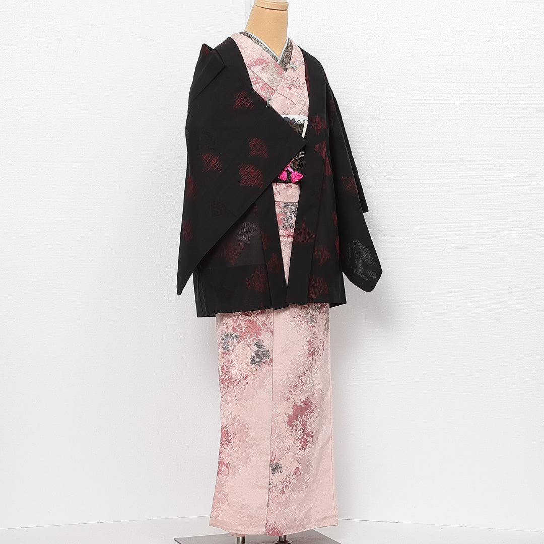 黒羽織 絽 身丈80cm 裄丈64cm Sランク 正絹 Mサイズ インフォーマル 紐あり 扇 古典的 落ち着き 黒系 1217-13835