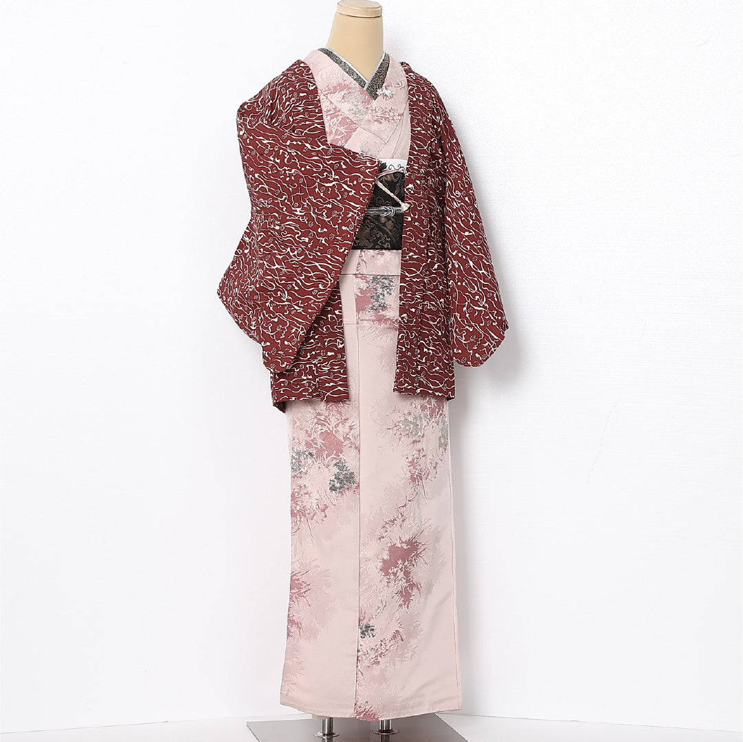 羽織 袷 身丈75cm 裄丈62cm 正絹 Aランク カジュアル Sサイズ 紐あり 創作柄 赤系 HP 1232-12789
