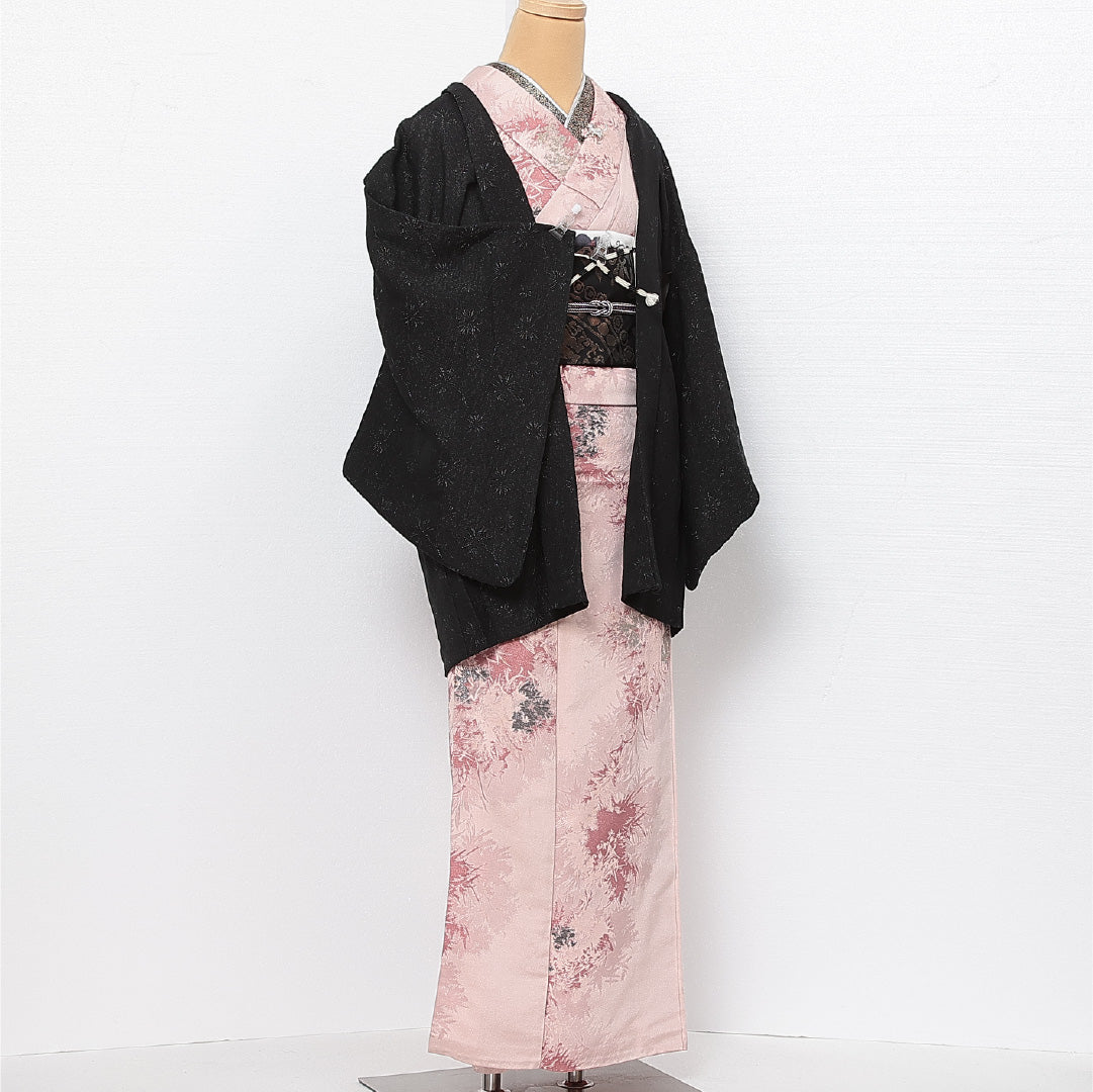 黒羽織 袷 身丈79cm 裄丈63cm 正絹 Sランク 一つ紋 (剣片喰) セミフォーマル Sサイズ 紐あり 植物柄 黒系 RP 1233-13782