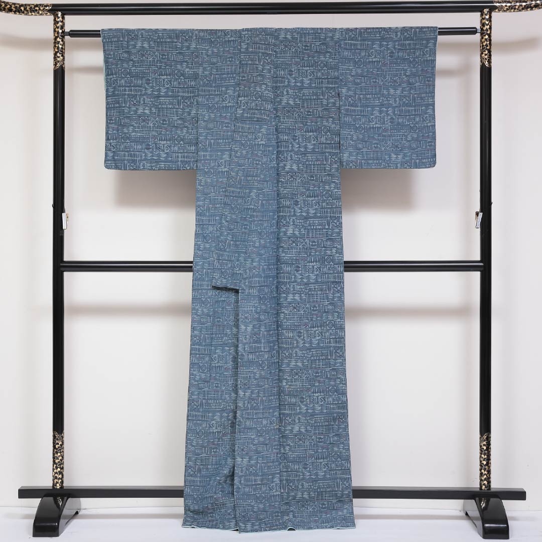 お召 洗える着物 袷 身丈165cm 裄丈62cm ポリエステル Bランク XLサイズ 広衿 インフォーマル 創作柄 水色系 青系 1265-01758