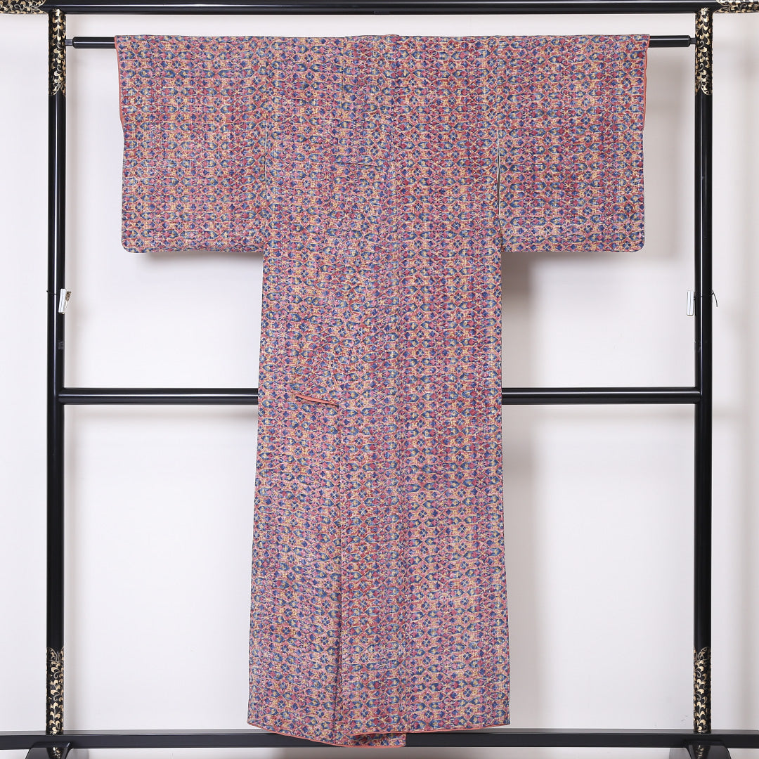 小紋 袷 身丈149cm 裄丈62cm 正絹 Sランク インフォーマル 広衿 XSサイズ 花菱 ピンク系 RP 1221-01943