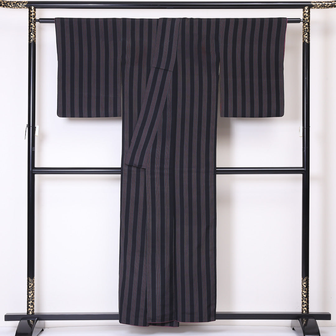 小紋 袷 身丈153cm 裄62cm 黒系 縞 モダン 正絹 Bランク 1215-01950-4210