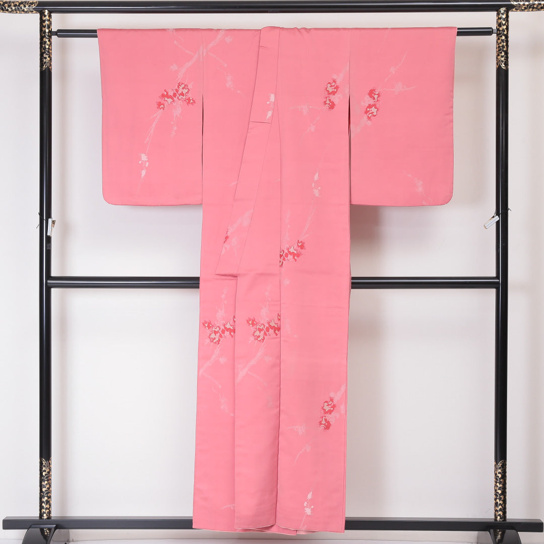 アンティーク お召 袷 身丈153cm 裄丈63cm 正絹 Cランク バチ衿 Sサイズ 花柄 ピンク系 PO 1222-03371