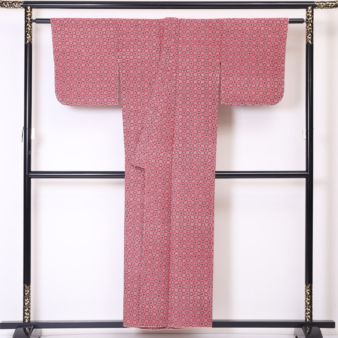 小紋 袷 身丈152cm 裄丈64cm 正絹 Aランク インフォーマル バチ衿 Sサイズ 花菱 花柄 ピンク系 RP 1221-01952