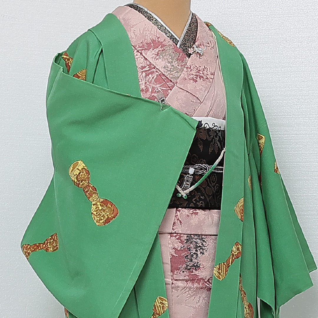 羽織 袷 身丈80cm 裄丈65cm 正絹 Cランク カジュアル Mサイズ 紐あり 梅 緑系 HP 1232-13820
