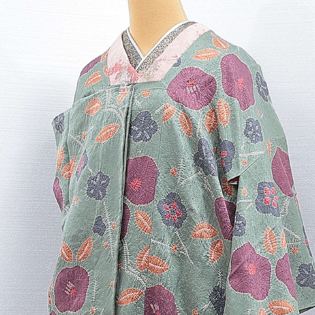 道行コート 袷 身丈90cm 裄丈67cm 正絹 Sランク フォーマル Mサイズ 絞り 椿 可憐 ポップ 緑系 RP 1237-16786