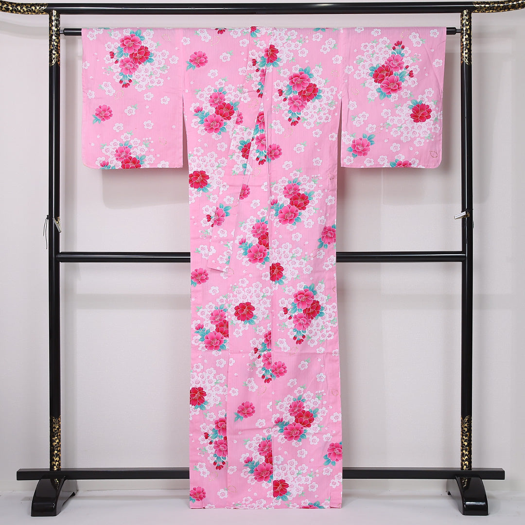 夏物 洗える着物 木綿の浴衣 夏物 身丈165cm 裄丈66cm 木綿 Sランク カジュアル バチ衿 XLサイズ 花柄 ピンク系 RP 1225-12455