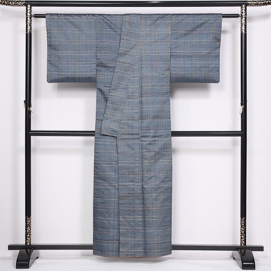 真綿紬 袷 身丈157cm 裄丈62cm 正絹 Aランク カジュアル 広衿 Mサイズ 格子 水色系 RP 1223-10470
