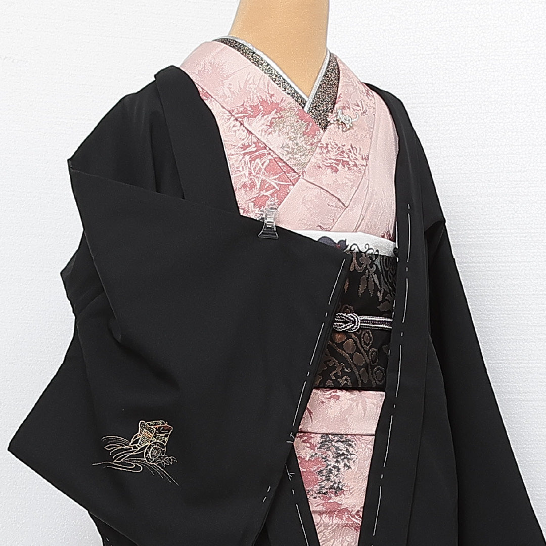 洗える着物 黒羽織 袷 身丈77cm 裄丈65cm ポリエステル Sランク インフォーマル Mサイズ 御所車 黒系 RP 1233-13724