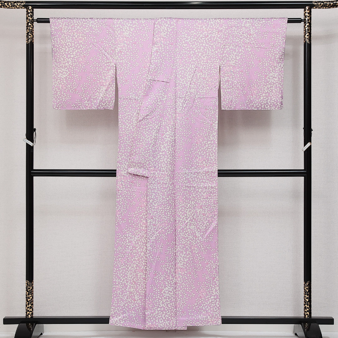 小紋 袷 身丈153cm 裄丈62cm 正絹 Aランク インフォーマル 広衿 Sサイズ 花柄 植物柄 紫系 RP 1221-14257