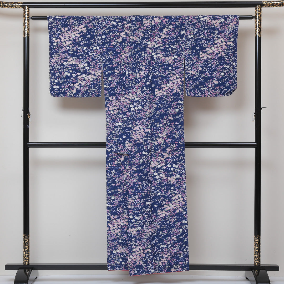 洗える着物 小紋 袷 身丈153cm 裄丈62cm ポリエステル Sランク インフォーマル 広衿 Sサイズ しつけ糸 花柄 青系 RP 1221-01439