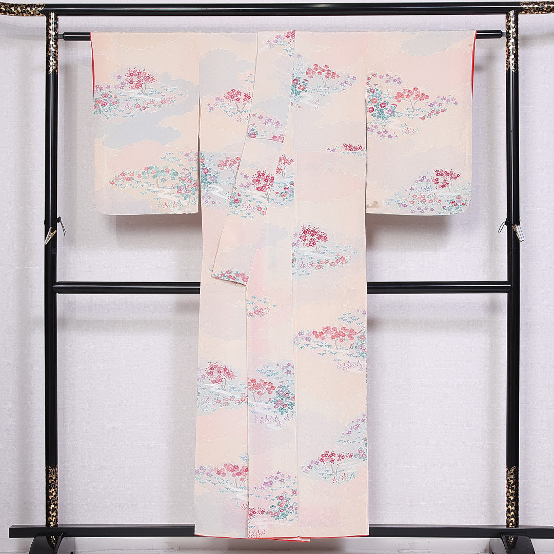 小紋 身丈154cm 裄丈64cm S 正絹 Bランク 袷 広衿 梅 笹 1215-10576