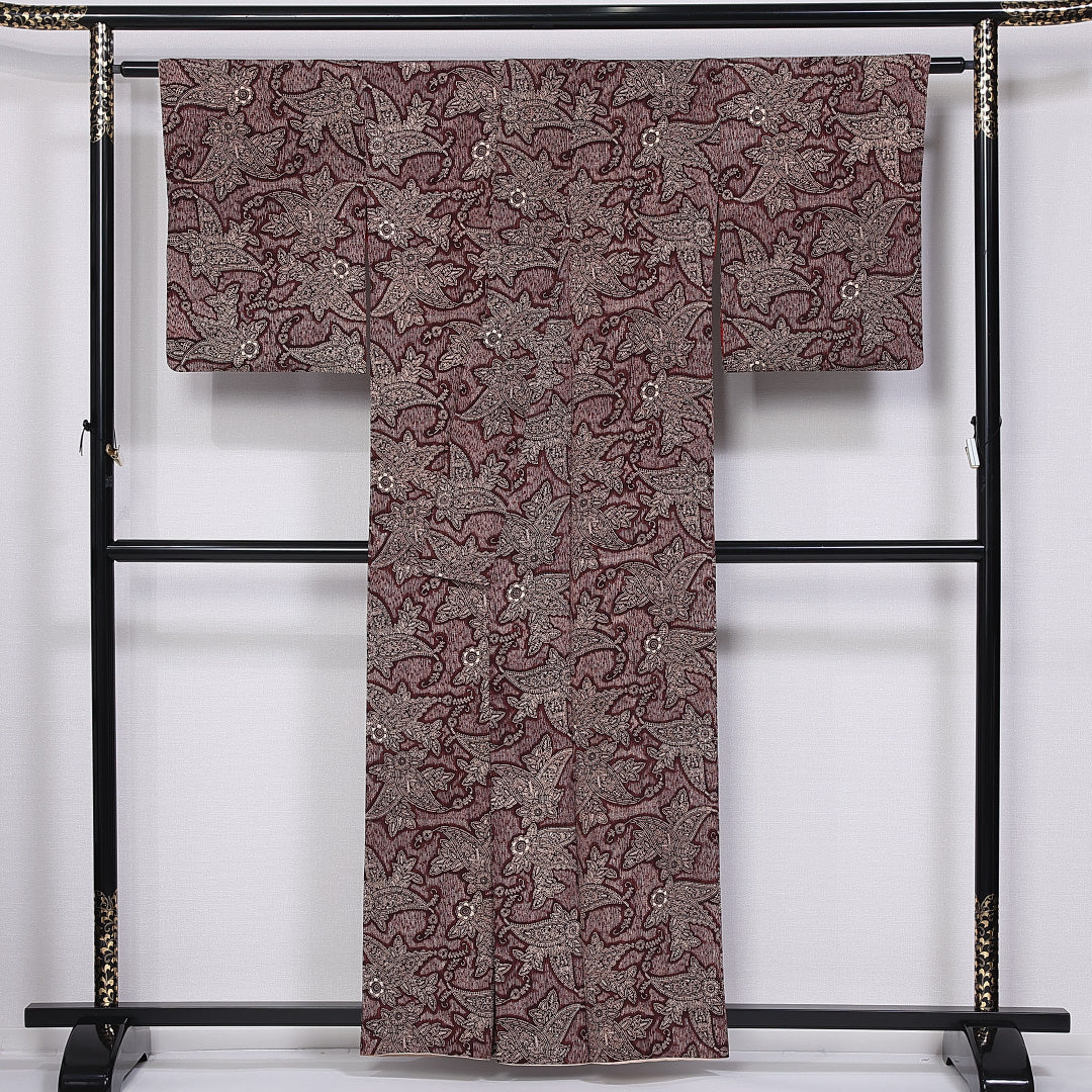 アンティーク 小紋 (ちりめん) 袷 身丈159cm 裄丈64cm 正絹 Dランク 広衿 Mサイズ ペイズリー ちりめん 茶系 LP 1221-11348