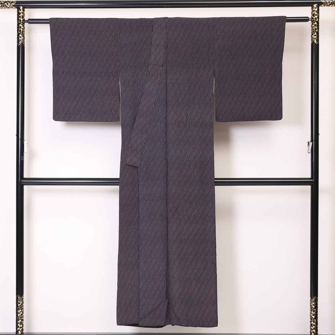 アンティーク お召 袷 身丈147cm 裄丈65cm 正絹 Aランク XSサイズ バチ衿 抽象柄 黒系 1265-01922