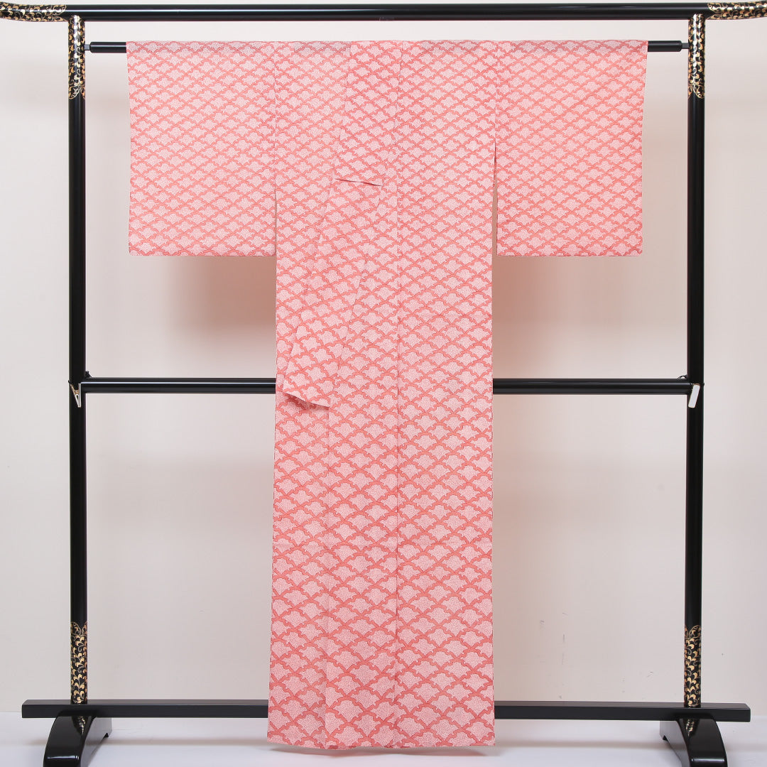 小紋 紗 身丈159cm 裄63cm 朱系 洗える着物 Aランク 夏着物 1215011383316