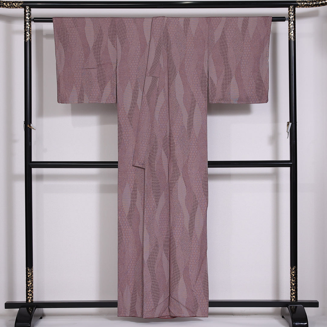 彫文化財小紋 江戸小紋 袷 身丈157.5cm 裄63cm 正絹 寄せ柄 よろけ縞 作家物 紫系 落款 証紙 Sランク しつけ糸 1262-02468